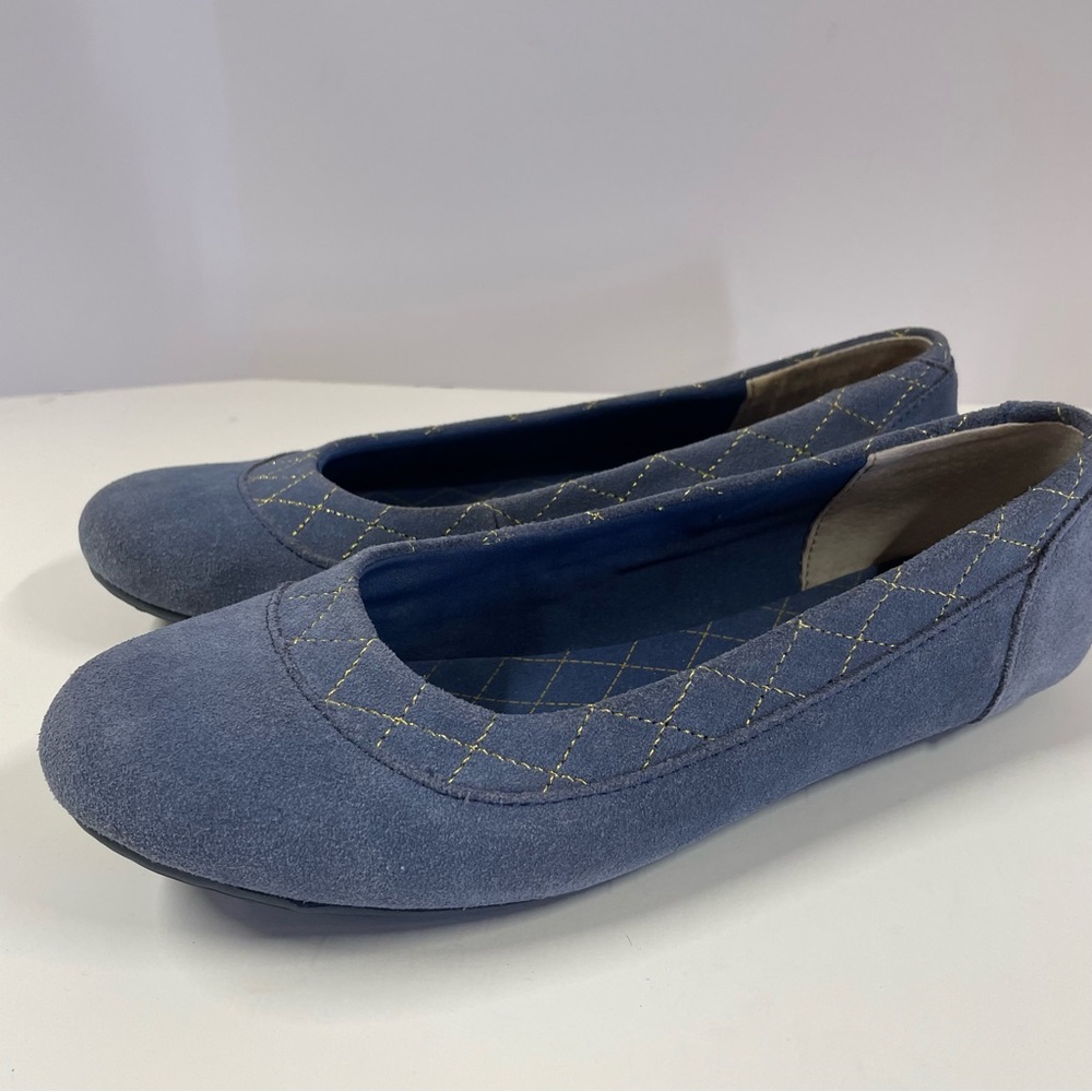 Lands’ End Dory Suede Ballet Flats in Gray Blue With Gold Stitching Women’s Sz 8